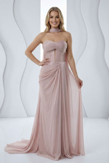 Pembe Straplez Drapeli Parlak Kumaş İthal Abiye Elbise 31 - SERABELLA