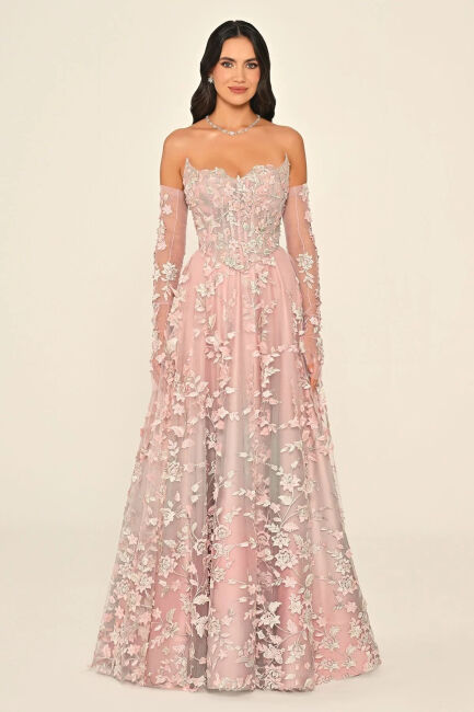 Pembe Straplez Korseli Eldivenli Dantel Tül Uzun Elbise 24 - ALFABETA