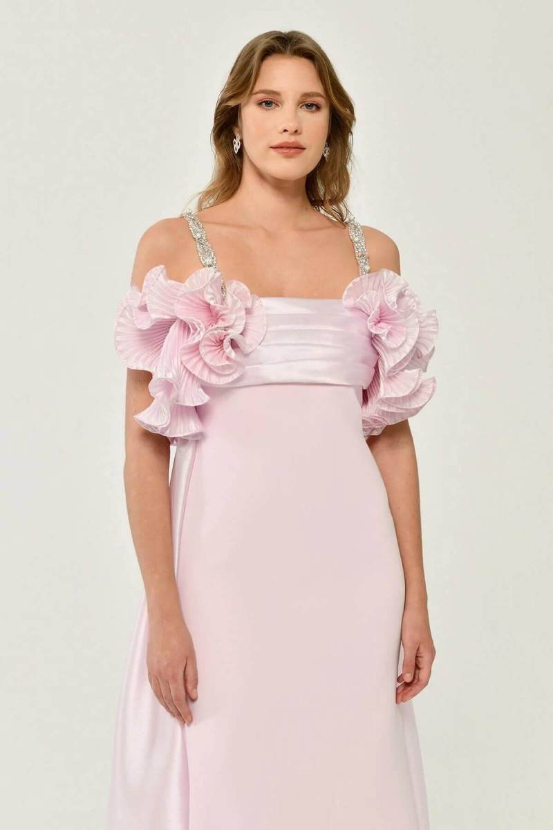 Pembe Taşlı Askılı Göğüsten Pliseli Krep Abiye Elbise 06