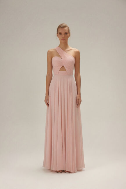 Pembe Tek Omuz Drapeli Yırtmaçlı Abiye Elbise 99 - ŞEREF VURAL
