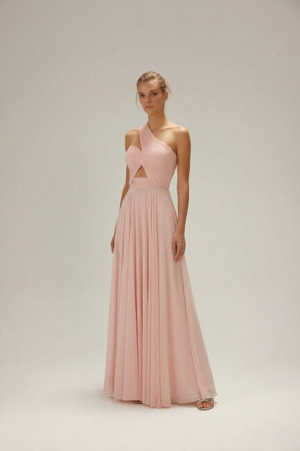 Pembe Tek Omuz Drapeli Yırtmaçlı Abiye Elbise 99 - 2