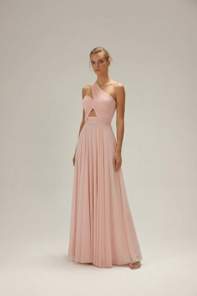 Pembe Tek Omuz Drapeli Yırtmaçlı Abiye Elbise 99 - 2