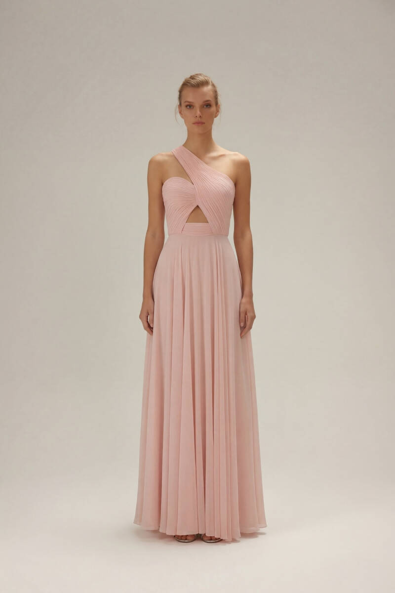 Pembe Tek Omuz Drapeli Yırtmaçlı Abiye Elbise 99 - 1