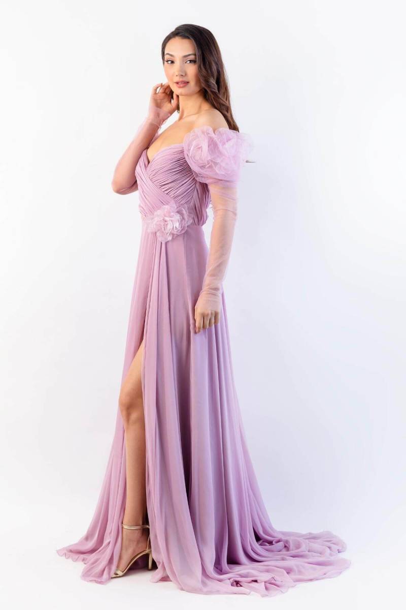 Pink Kiss Neck Princess Sleeve Silk Silk Chefon Evening Dress 26 - 3