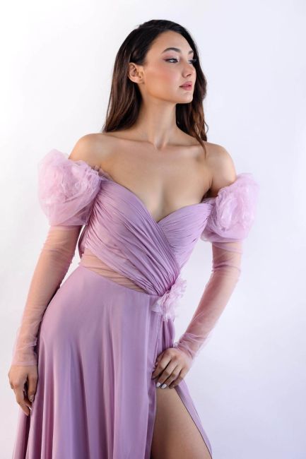 Pink Kiss Neck Princess Sleeve Silk Silk Chefon Evening Dress 26 - 1