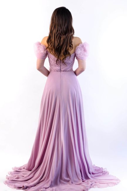 Pink Kiss Neck Princess Sleeve Silk Silk Chefon Evening Dress 26 - 4
