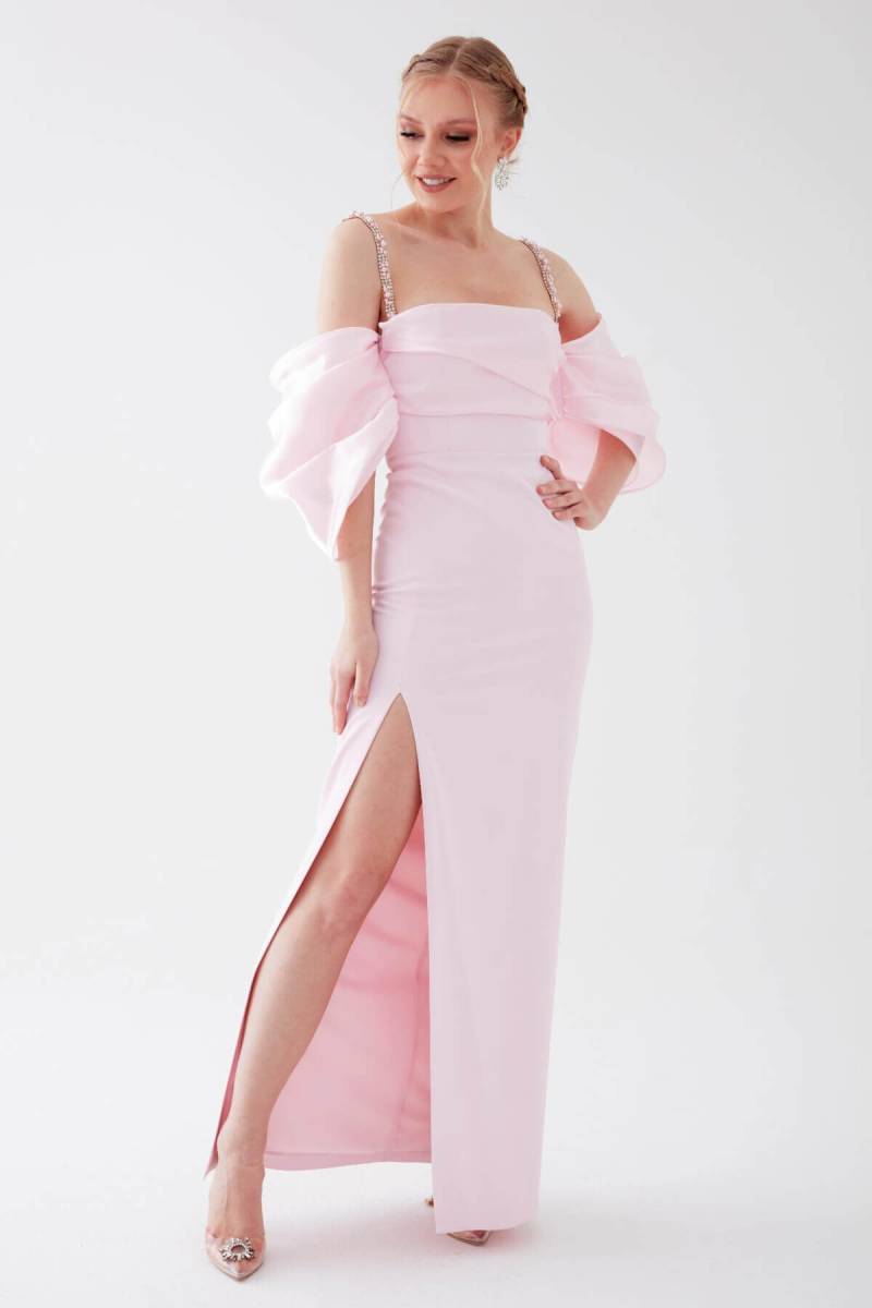 Pink pearl stone strap balloon sleeve pancake evening dresses 32 - 1