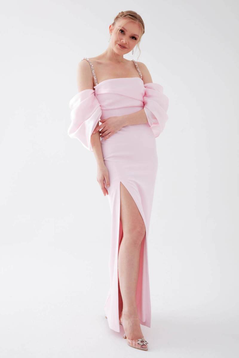 Pink pearl stone strap balloon sleeve pancake evening dresses 32 - 2