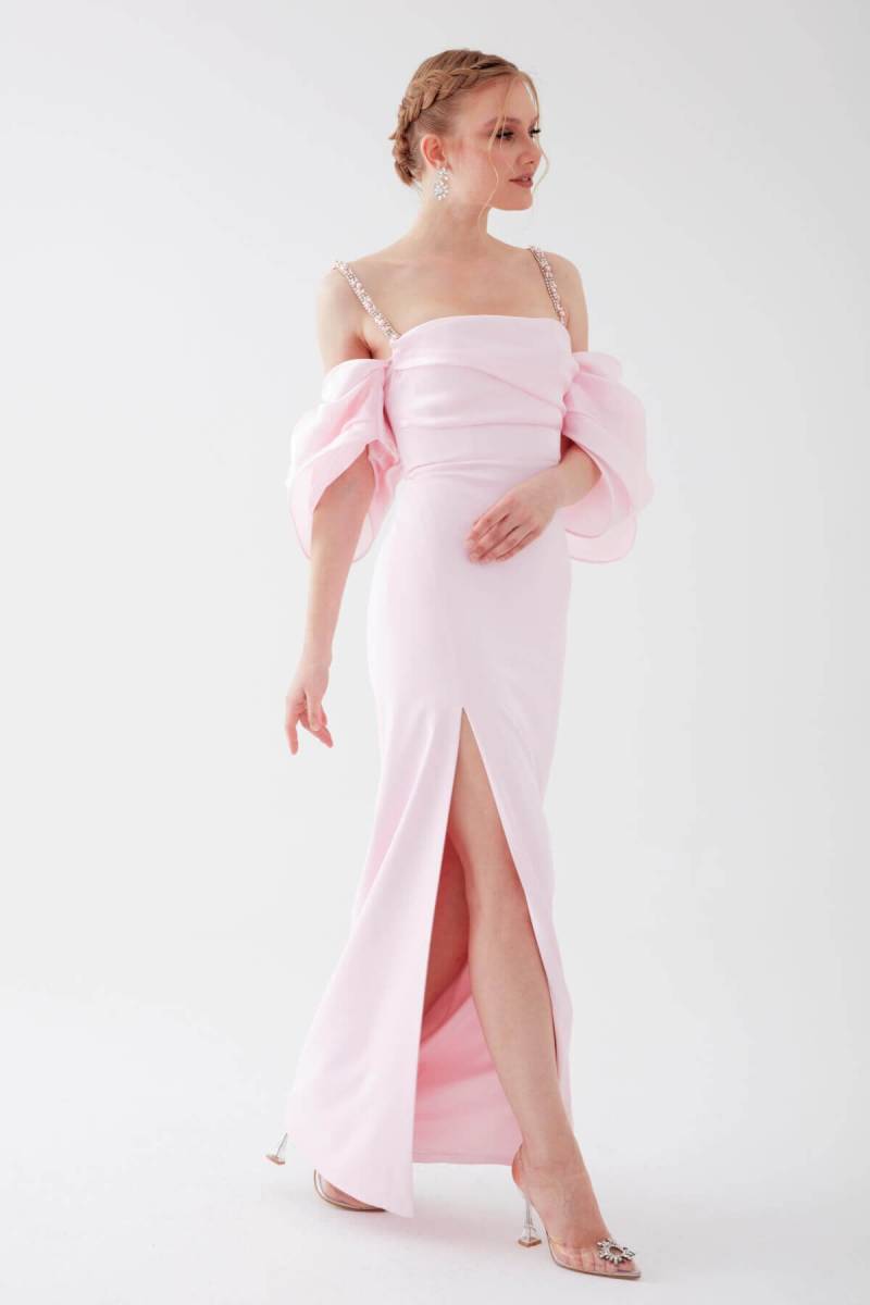 Pink pearl stone strap balloon sleeve pancake evening dresses 32 - 4