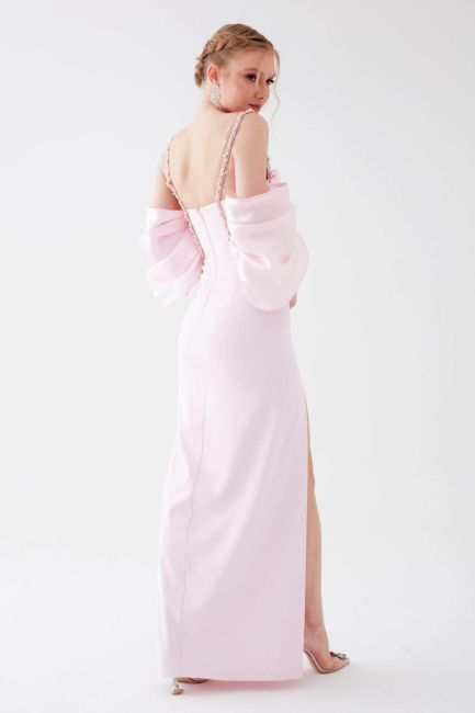 Pink pearl stone strap balloon sleeve pancake evening dresses 32 - 5