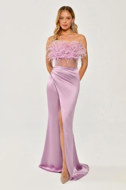 Pink Strapless Otrişli Waist Transparent Satin Evening Dress 22 