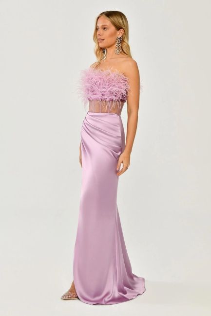 Pink Strapless Otrişli Waist Transparent Satin Evening Dress 22 - 2