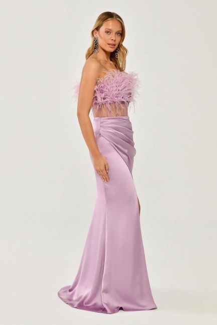 Pink Strapless Otrişli Waist Transparent Satin Evening Dress 22 - 3