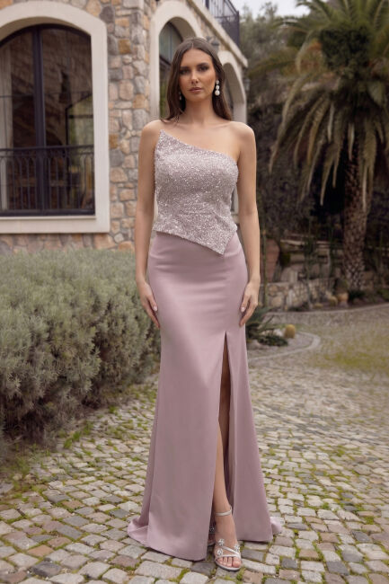 Pudra Asimetrik Yaka Gepiyerli İşlemeli Balık Abiye Elbise 27 - DRESSİNG ROOM