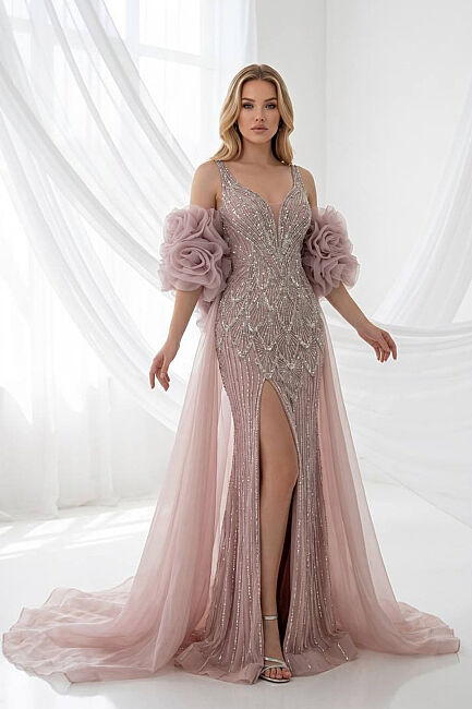 Pudra Askılı Güllü Pelerinli Yırtmaçlı Taşlı Abiye Elbise 48 - DRESSİNG ROOM