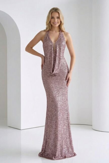 Pudra Boyundan Bağlı Degaje Yaka Payet Abiye Elbise 56 - MAXRA GOVANA