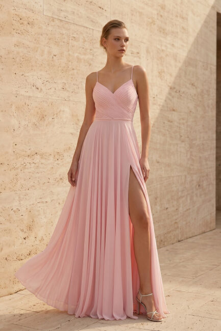 Pudra İp Askı Sırt Dekolteli Yırtmaçlı Tül Gece Elbisesi 58 - ŞEREF VURAL