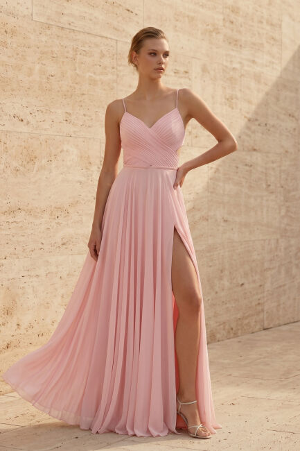 Pudra İp Askı Sırt Dekolteli Yırtmaçlı Tül Gece Elbisesi 58 - 3