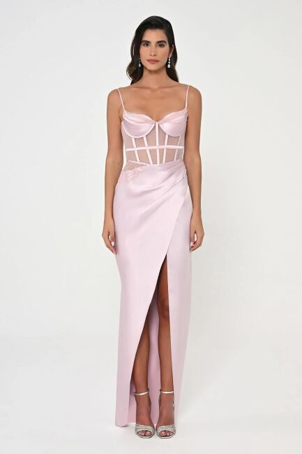 Powder Rope Strap Underwire Beaded Slit Satin Evening Dress 61 - ALFABETA