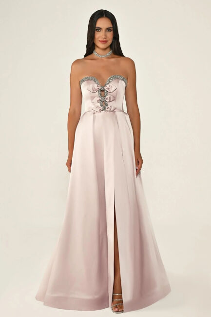 Pudra Öpücük Yaka Taşlı Fiyonklu Abiye Elbise 30 - ALFABETA