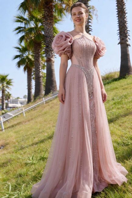 Pudra Sivri Yaka Şallı Taşlı Prenses İthal Abiye Elbise 40 - DRESSİNG ROOM