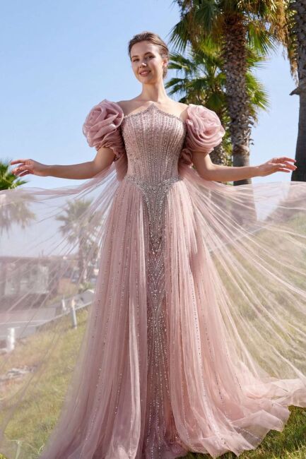 Pudra Sivri Yaka Şallı Taşlı Prenses İthal Abiye Elbise 40 - 5