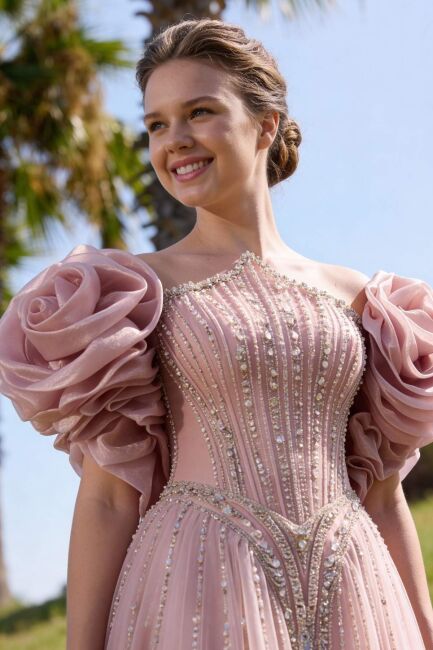 Pudra Sivri Yaka Şallı Taşlı Prenses İthal Abiye Elbise 40 - 3