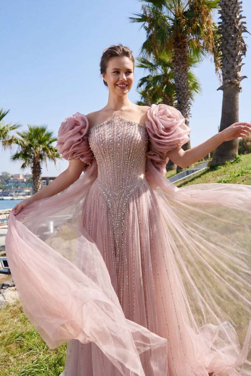 Pudra Sivri Yaka Şallı Taşlı Prenses İthal Abiye Elbise 40 - 2