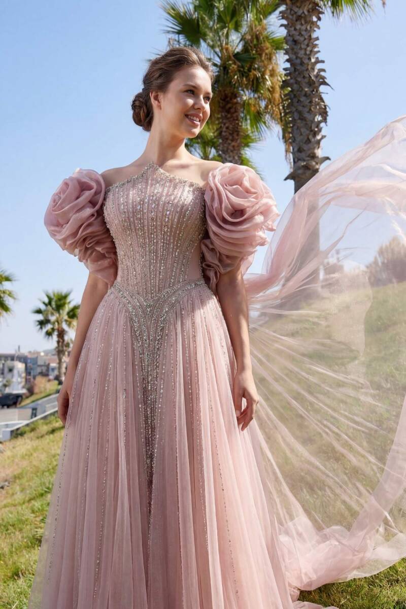 Pudra Sivri Yaka Şallı Taşlı Prenses İthal Abiye Elbise 40 - 4