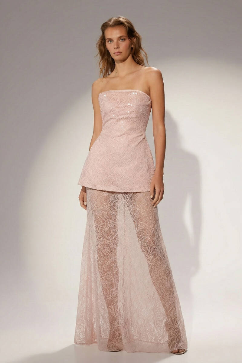 Pudra Straplez Dantel Kumaş Transparan Etekli Abiye Elbise 75 - 1