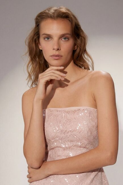 Pudra Straplez Dantel Kumaş Transparan Etekli Abiye Elbise 75 - 3