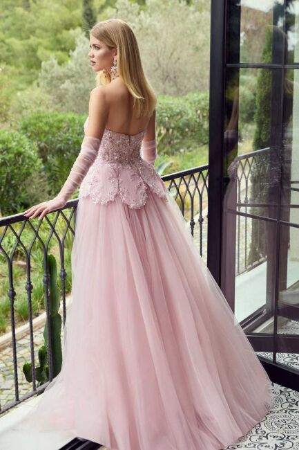 Pudra Straplez Eldivenli Beden İşlemeli Beli Yapraklı Eteği Tül Abiye Elbise 48 - 5