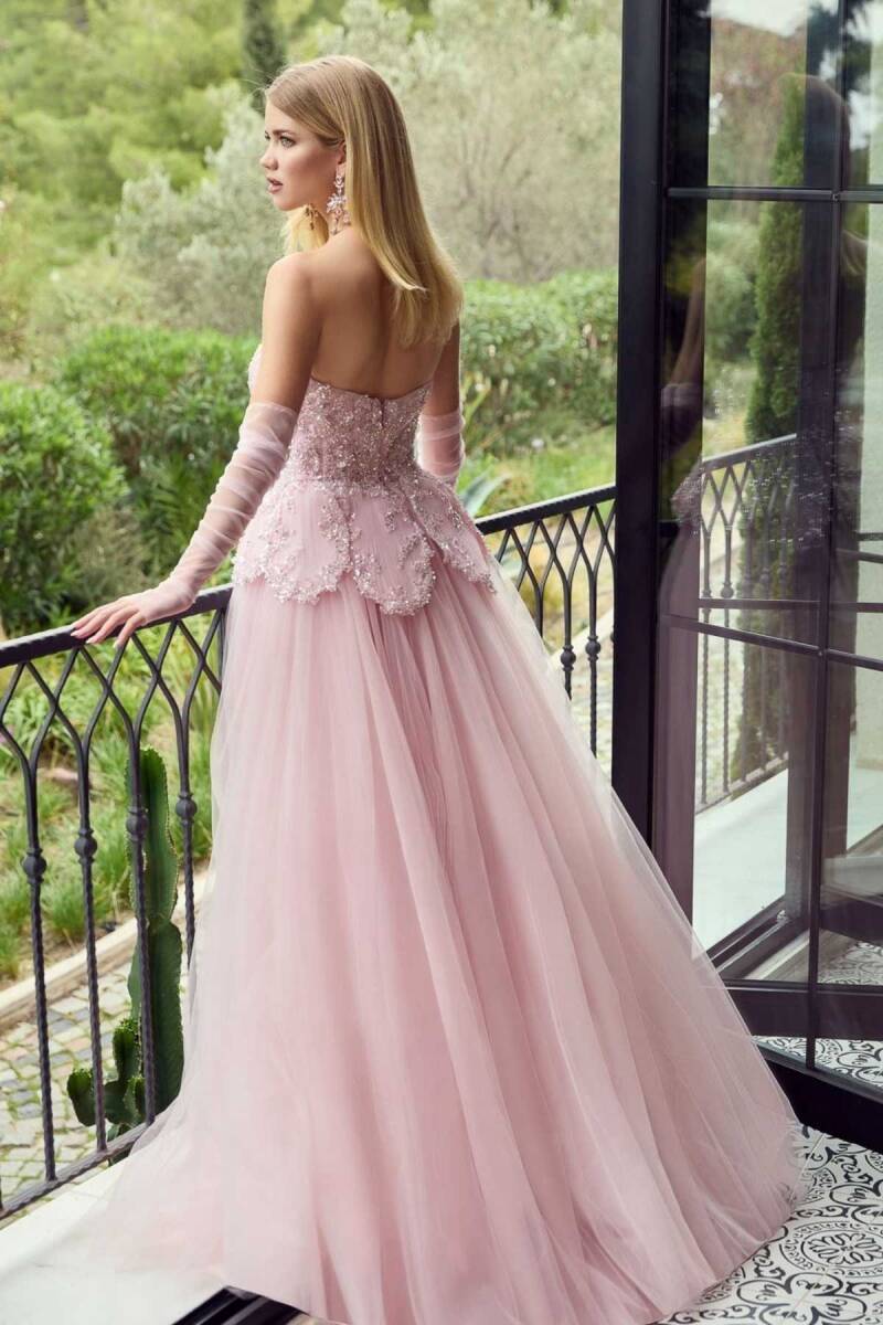 Pudra Straplez Eldivenli Beden İşlemeli Beli Yapraklı Eteği Tül Abiye Elbise 48 - 5