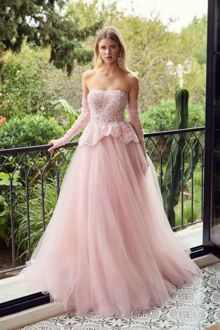 Pudra Straplez Eldivenli Beden İşlemeli Beli Yapraklı Eteği Tül Abiye Elbise 48 - 1