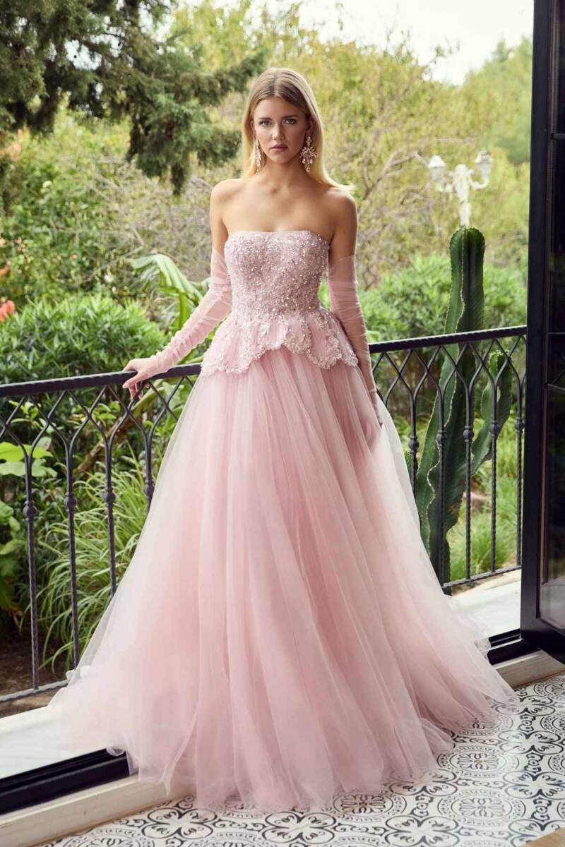 Pudra Straplez Eldivenli Beden İşlemeli Beli Yapraklı Eteği Tül Abiye Elbise 48 - 1