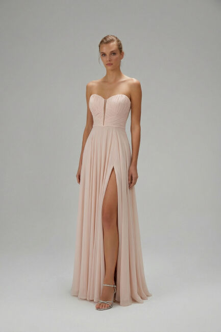 Pudra Straplez Göğüs Arası Dekolteli Tül Abiye Elbise 22 - 1