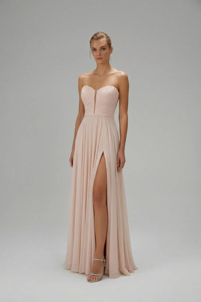 Pudra Straplez Göğüs Arası Dekolteli Tül Abiye Elbise 22 - 1