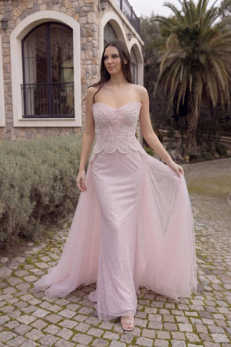 Pudra Straplez Korsajlı Taş İşlemeli Balık Abiye Elbise 96 - 1