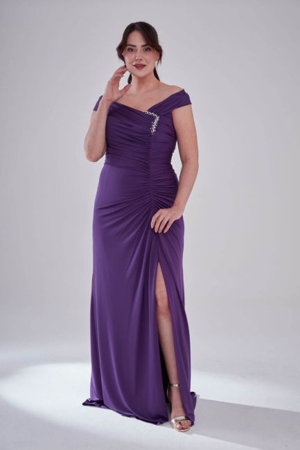 Purple Madonna Neck Drape Stone Slit Large Size Evening Dress 94 