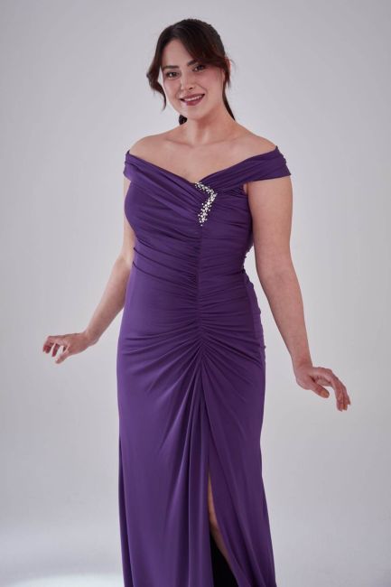 Purple Madonna Neck Drape Stone Slit Large Size Evening Dress 94 - 3