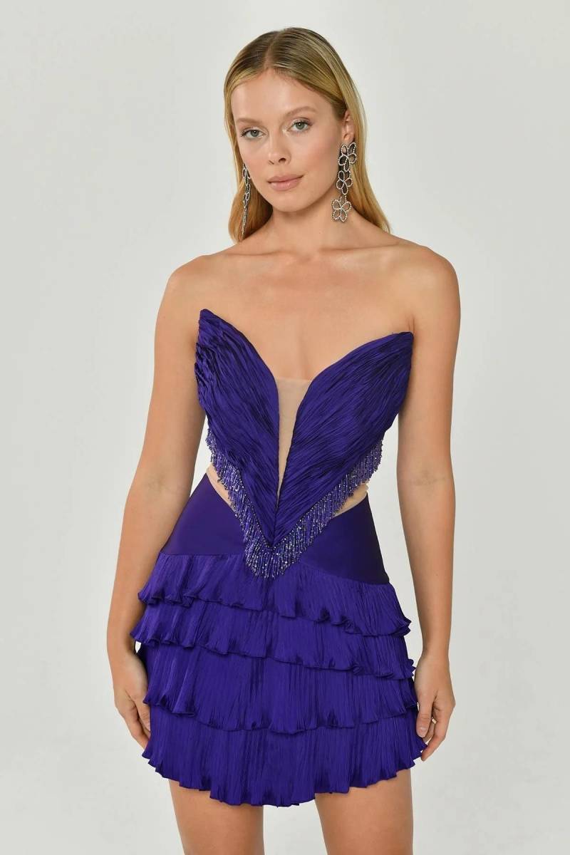 Purple pointed collar draped waist low -cut tafta short evening dresses 57 - 3