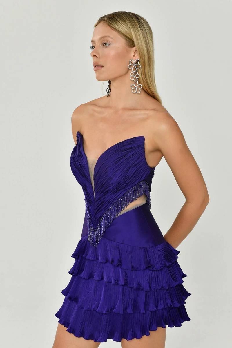 Purple pointed collar draped waist low -cut tafta short evening dresses 57 - 4