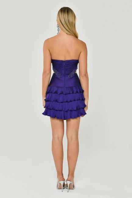 Purple pointed collar draped waist low -cut tafta short evening dresses 57 - 5