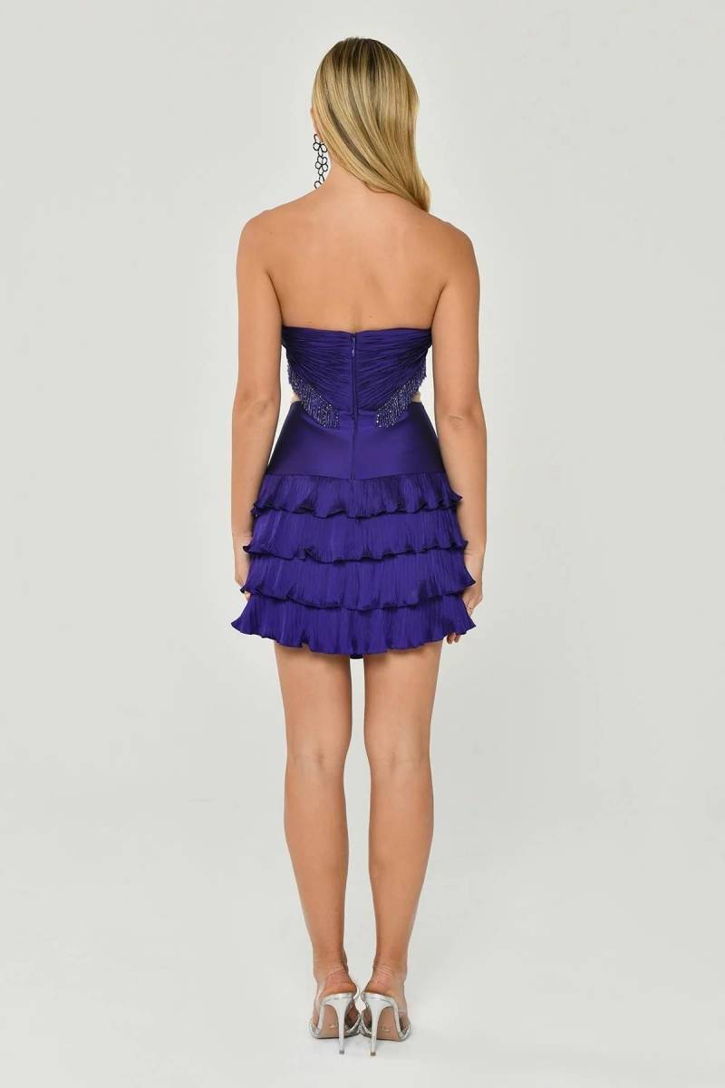 Purple pointed collar draped waist low -cut tafta short evening dresses 57 - 5