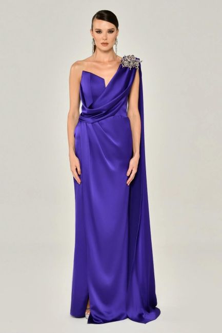 Purple single shoulder brooch satin evening dresses-17 
