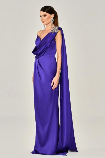 Purple single shoulder brooch satin evening dresses-17 - 2