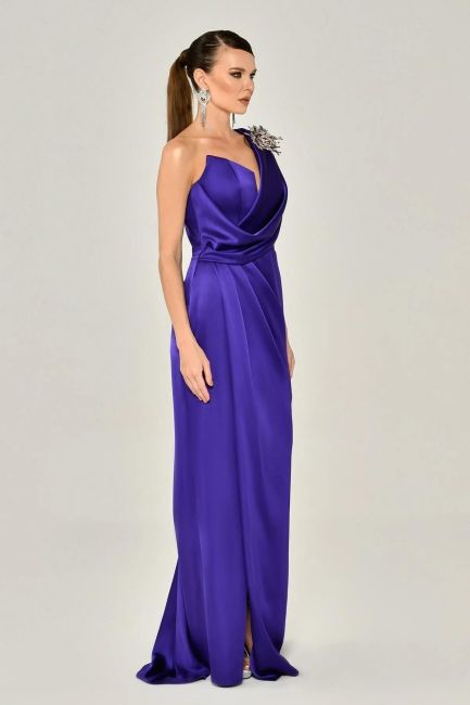 Purple single shoulder brooch satin evening dresses-17 - 3