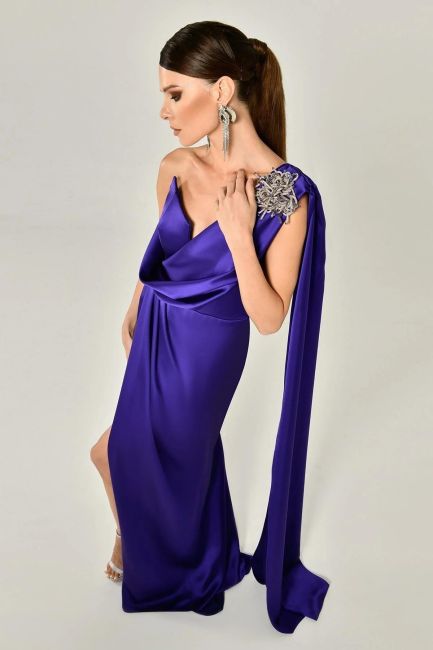 Purple single shoulder brooch satin evening dresses-17 - 4