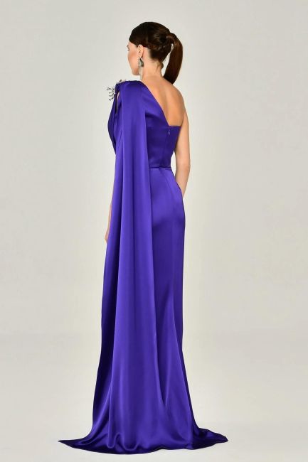 Purple single shoulder brooch satin evening dresses-17 - 5