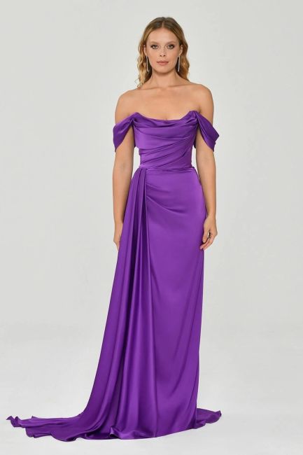 Purple Straplez Degaje Low Sleeve Slit Evening Dress 